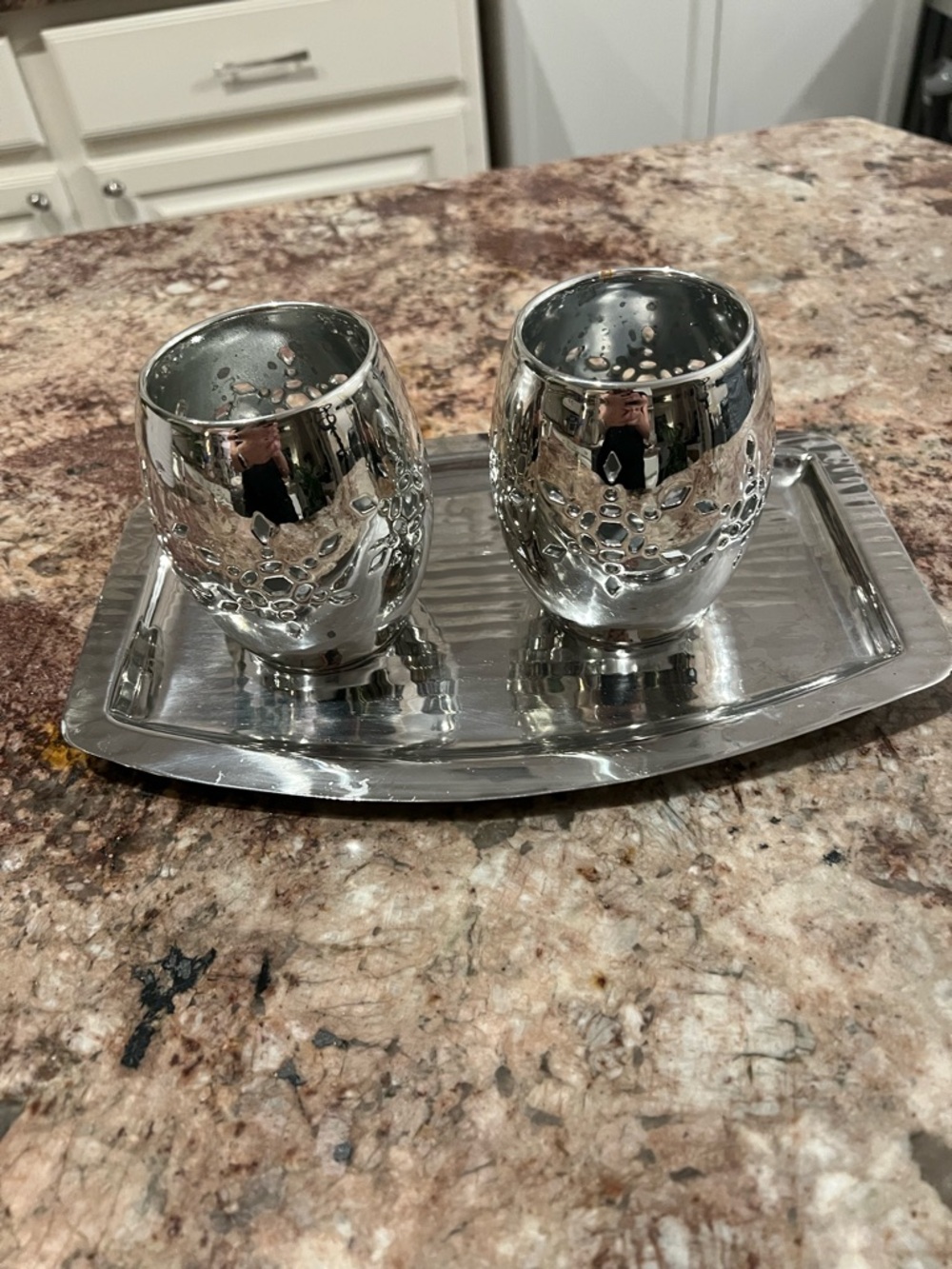 Polished Silver color glass  Decorative Tealight Holders with Tray - Silver